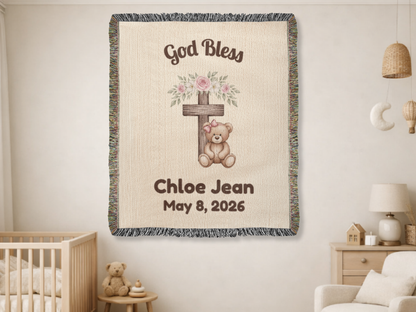 Personalized Christian Baby Woven Blanket Teddy Bear Cross God Bless Blanket
