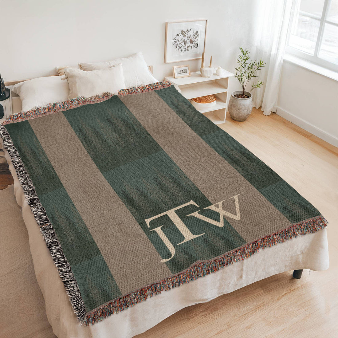 Monogram Lodge Blanket | Custom Initials Plaid Throw | Rustic Cabin Cotton Gift | Personalized Tartan Heirloom | Fringe Woven Blanket | Hunting Cabin Decor