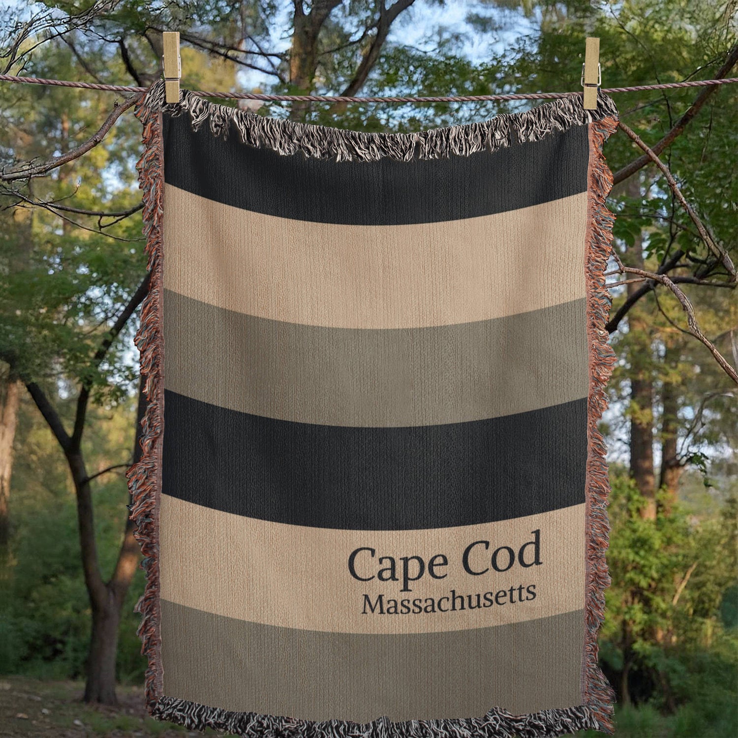 Custom City State Blanket | Cape Cod Throw | Personalized Place Cotton | Beach House Gift | Coastal Stripe Woven Blanket | Heirloom Throw