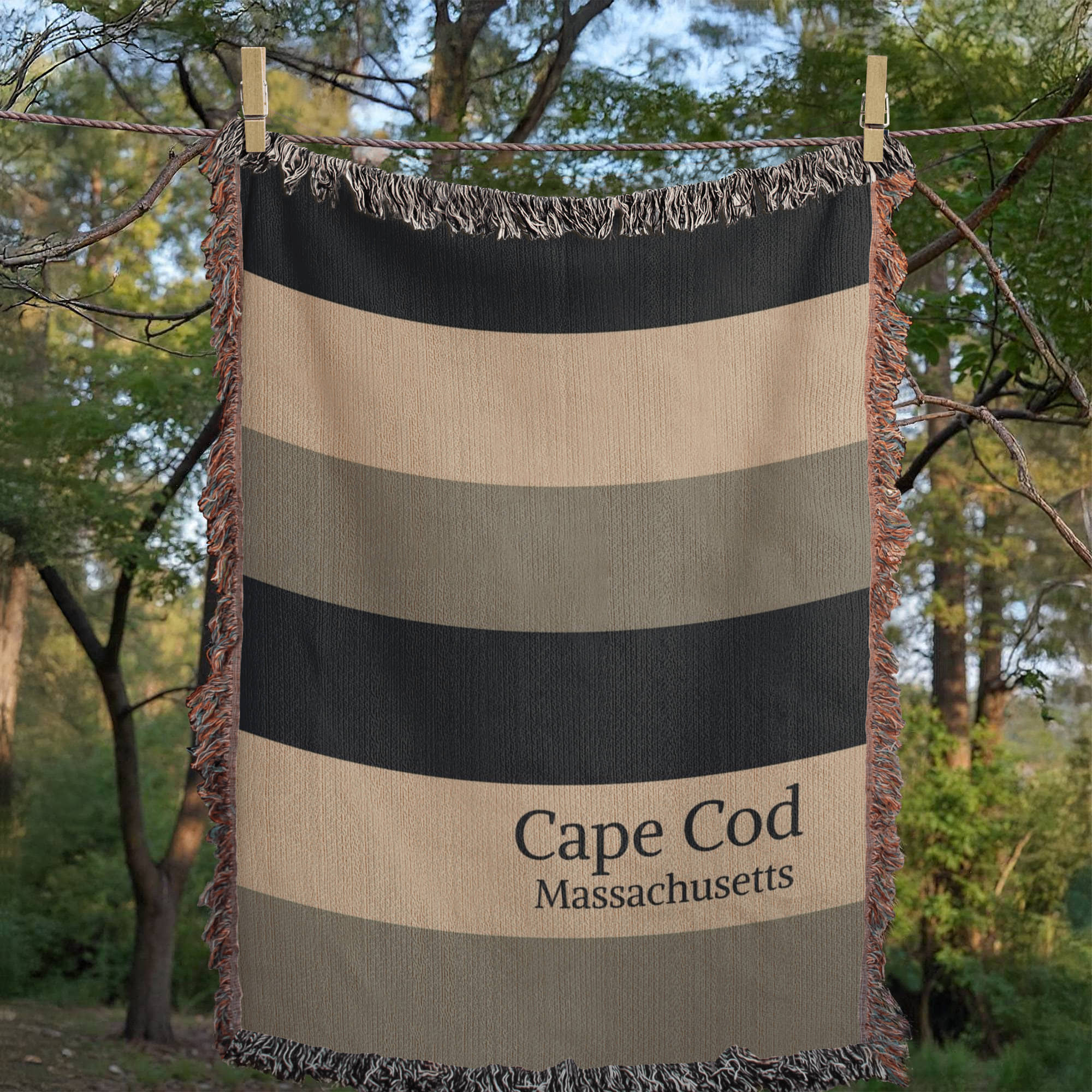 Custom City State Blanket | Cape Cod Throw | Personalized Place Cotton | Beach House Gift | Coastal Stripe Woven Blanket | Heirloom Throw