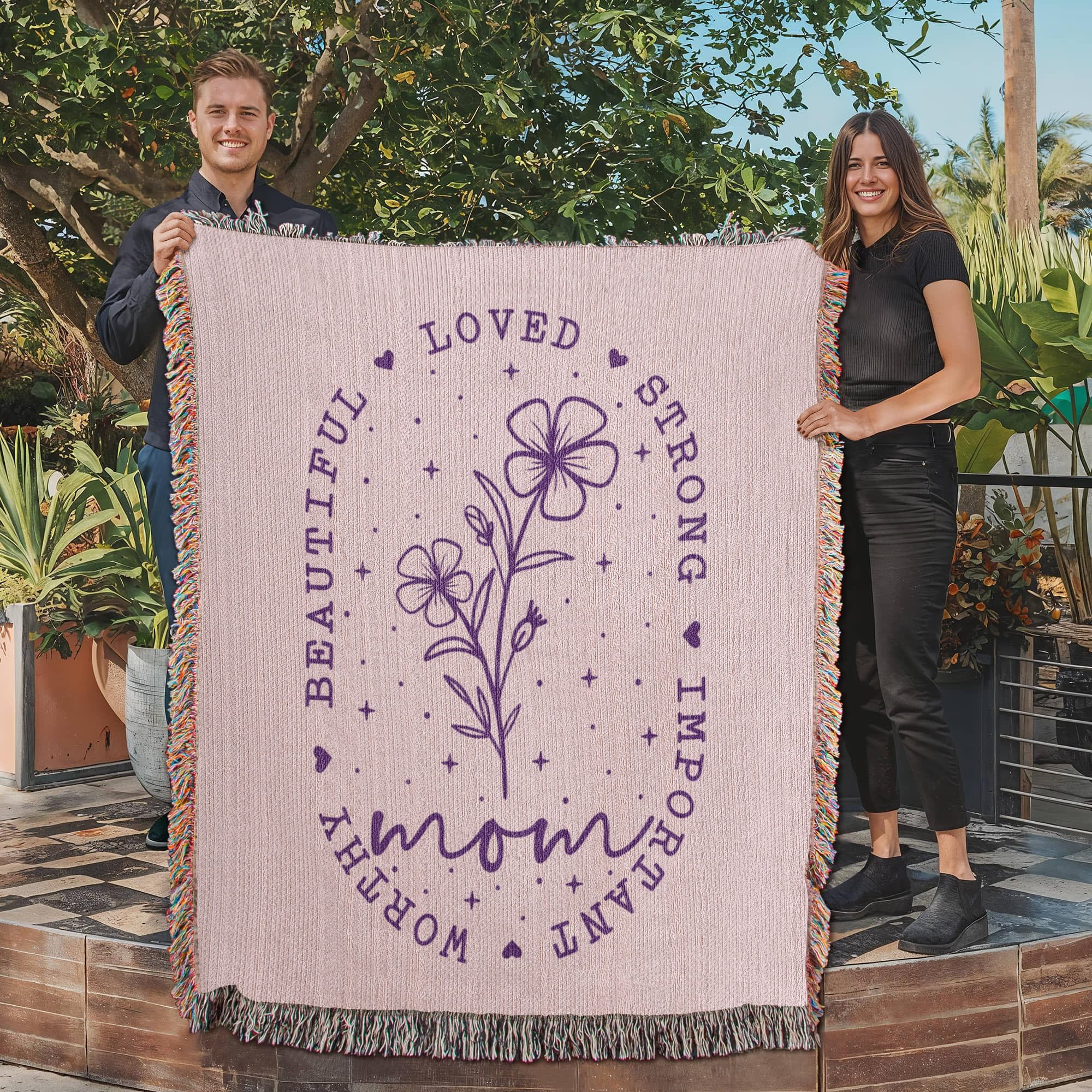 Mom Flower Woven Blanket | Loved Strong Beautiful Cotton Throw