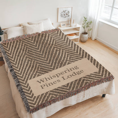 Custom Lodge Name Blanket | Herringbone Throw | Personalized Cabin Cotton Gift | Heirloom Woven Blanket | Lodge Decor | Cabin Housewarming