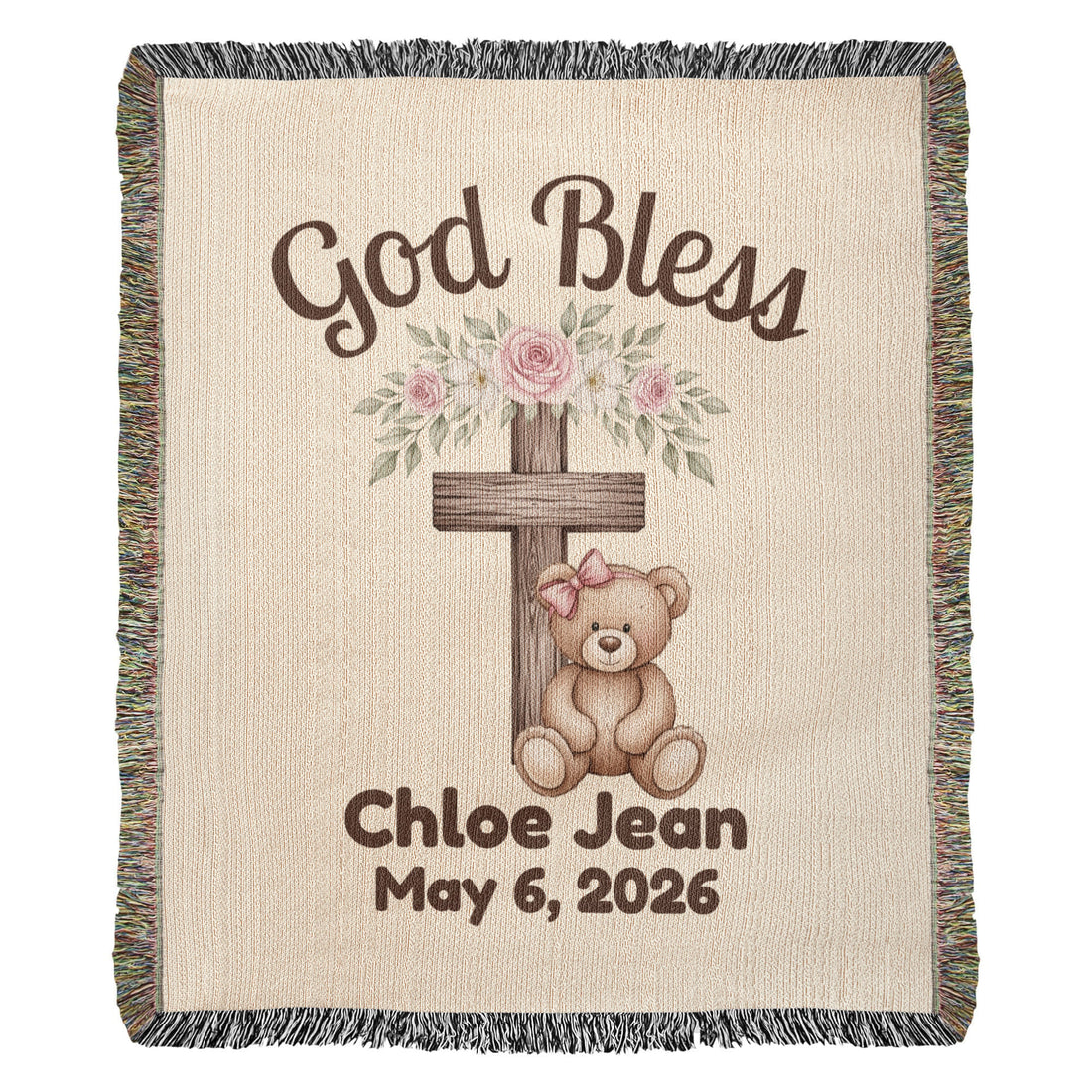 Personalized Christian Baby Woven Blanket Teddy Bear Cross God Bless Blanket