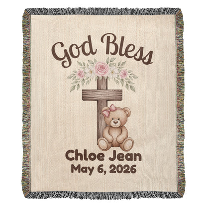 Personalized Christian Baby Woven Blanket Teddy Bear Cross God Bless Blanket