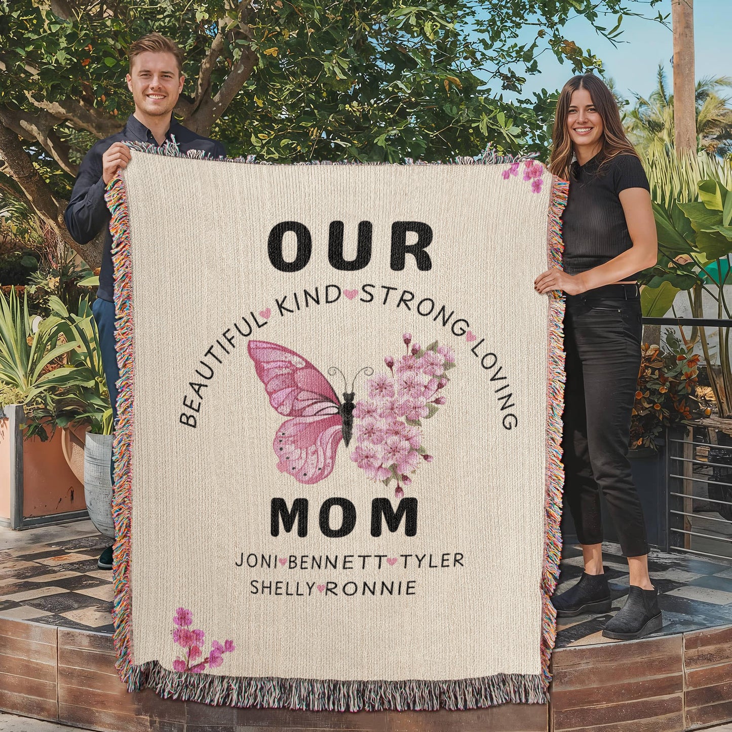 Personalized Butterfly Flower Woven Blanket for Mom