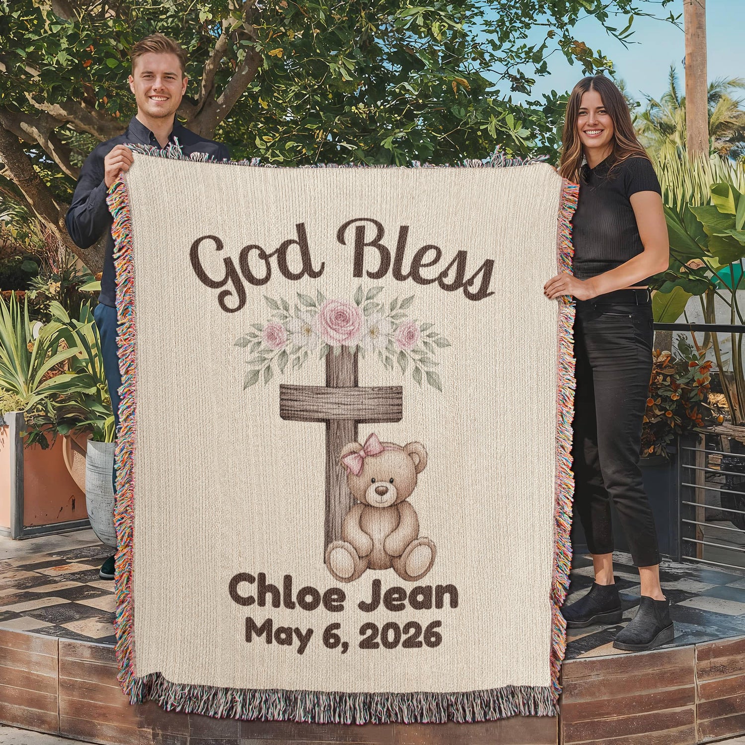 Personalized Christian Baby Woven Blanket Teddy Bear Cross God Bless Blanket