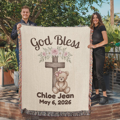 Personalized Christian Baby Woven Blanket Teddy Bear Cross God Bless Blanket