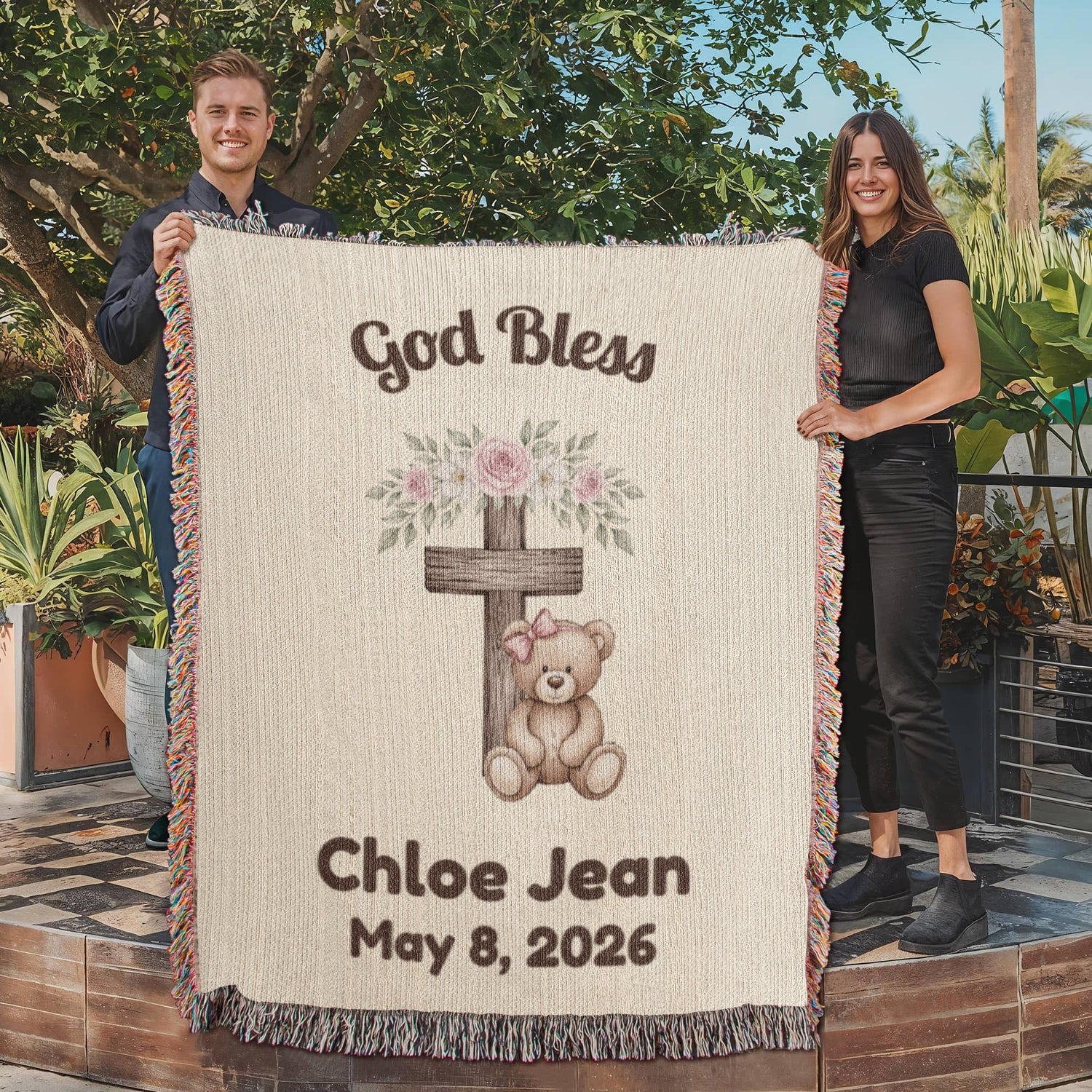 Personalized Christian Baby Woven Blanket Teddy Bear Cross God Bless Blanket