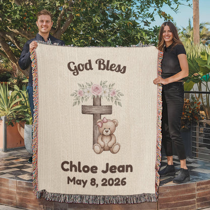 Personalized Christian Baby Woven Blanket Teddy Bear Cross God Bless Blanket