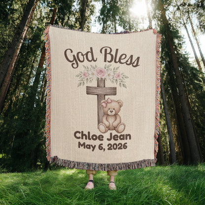 Personalized Christian Baby Woven Blanket Teddy Bear Cross God Bless Blanket