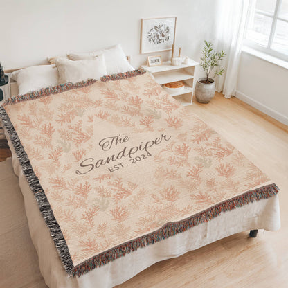 Custom Beach House Blanket |Personalized Throw | Vacation Home Name Gift | Heirloom 100% Cotton | Coastal Woven Blanket | Est. Year Gift