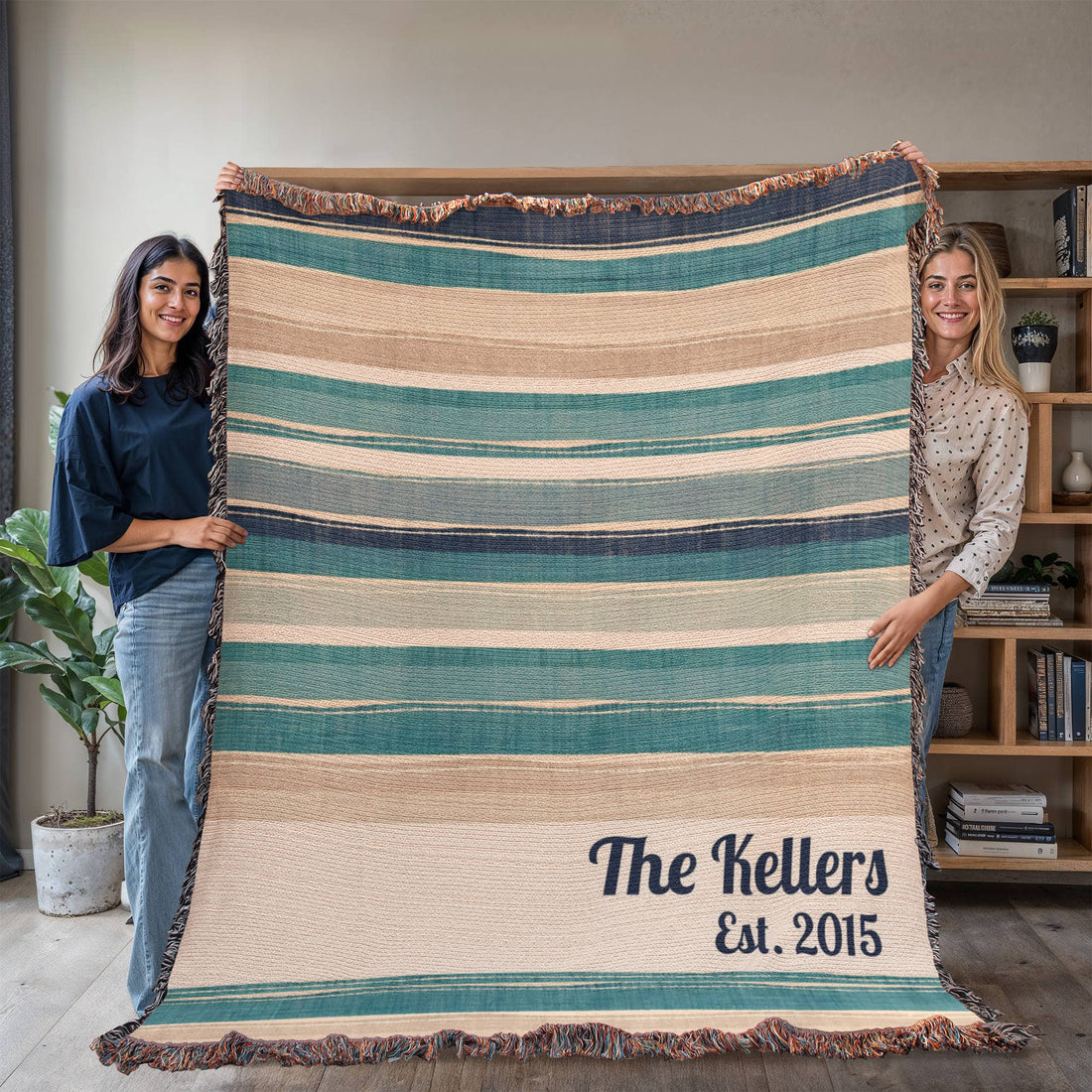 Personalized Beach House Blanket | Farmhouse Stripe Cotton Throw | Custom Family Name &amp; Location | Heirloom Coastal Home Gift