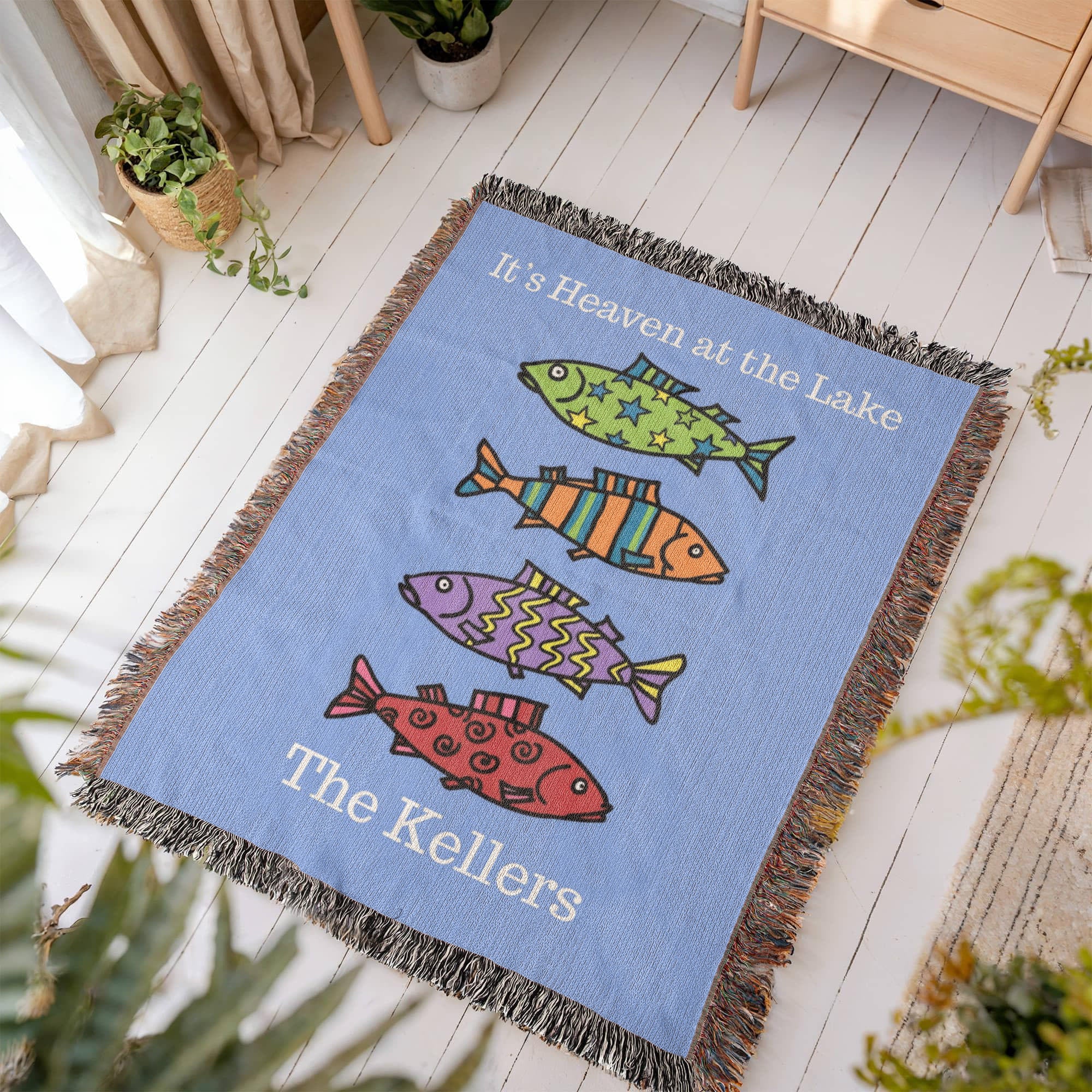 Personalized Lake House Blanket | Colorful Fish Cotton Throw