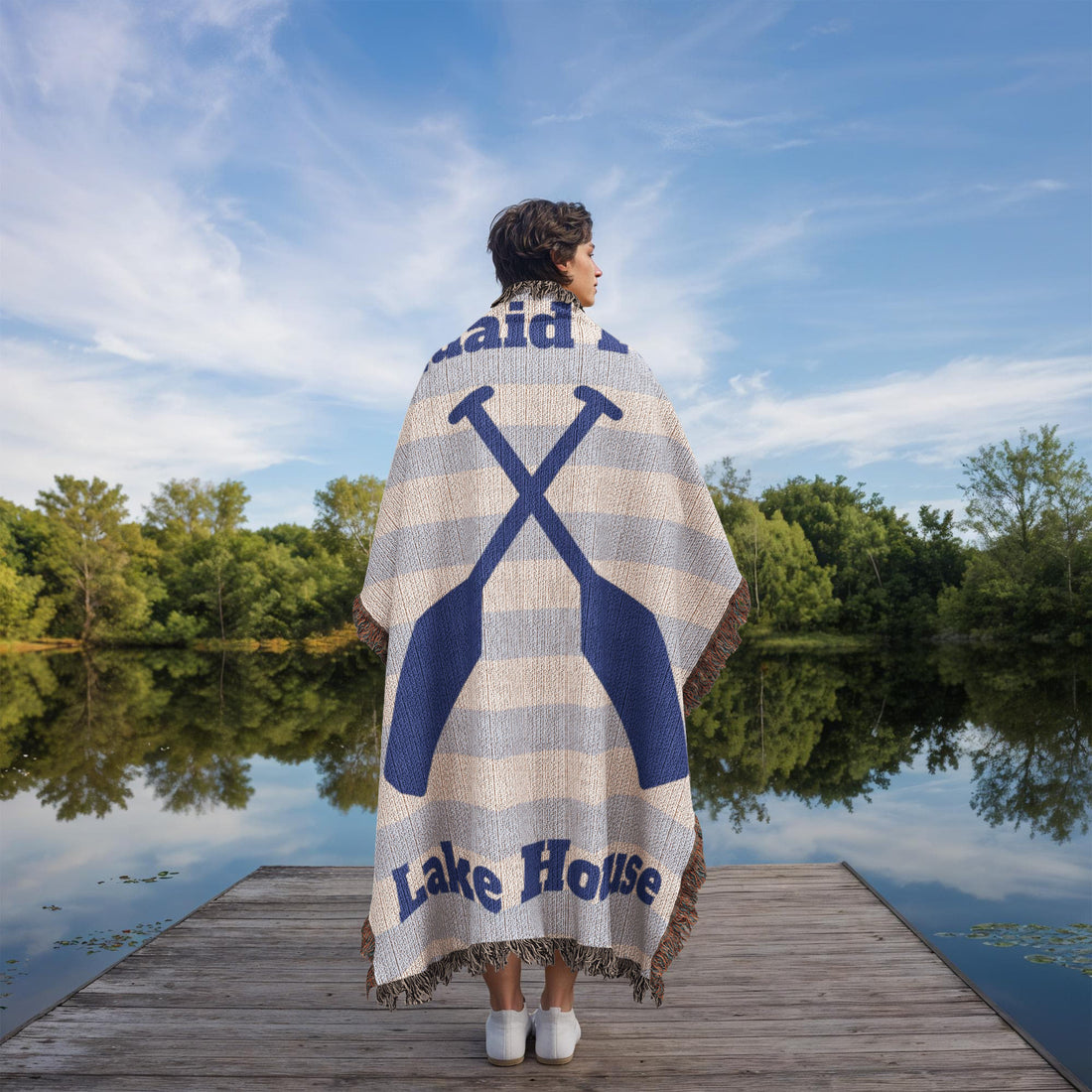 Personalized Lake House Blanket | Crossed Oars Cotton Throw | Custom Family Name | Cabin Lodge Heirloom Housewarming Gift