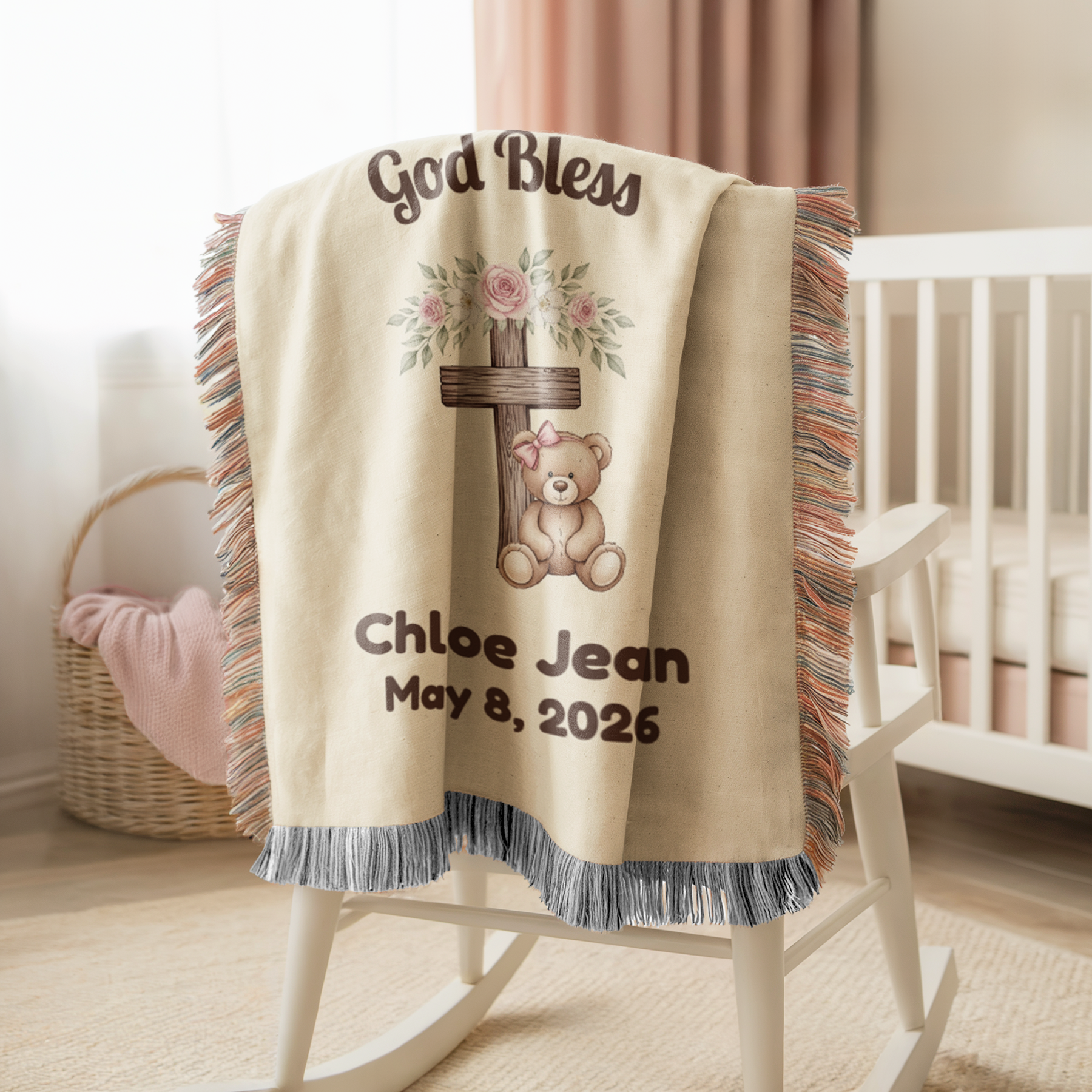 Personalized Baby Baptism Blanket | Teddy Bear Floral Cross