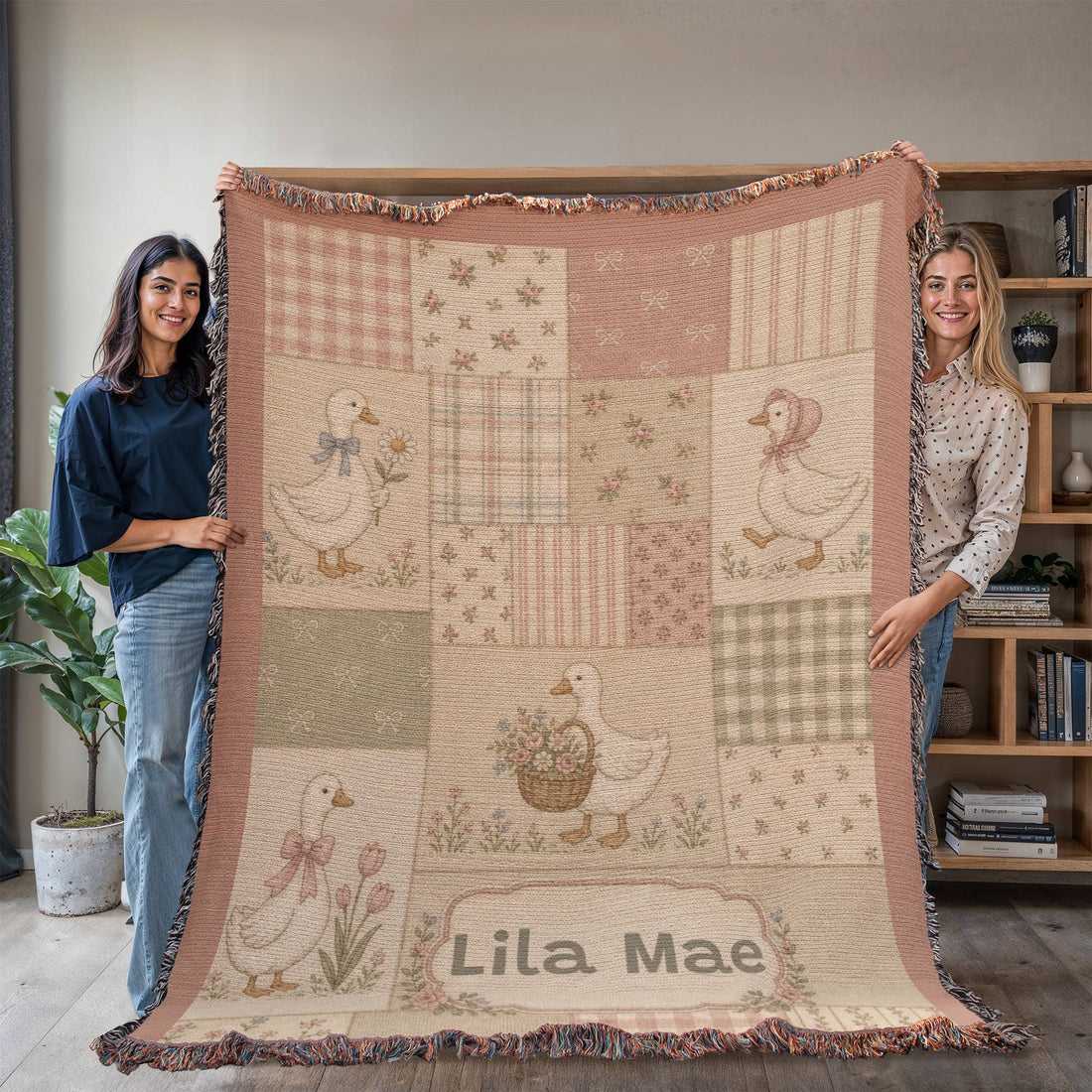 Personalized Baby Girl Blanket, Cottagecore Duck Patchwork Woven Cotton Throw, Heirloom Baby Shower Gift, Custom Name Nursery Blanket
