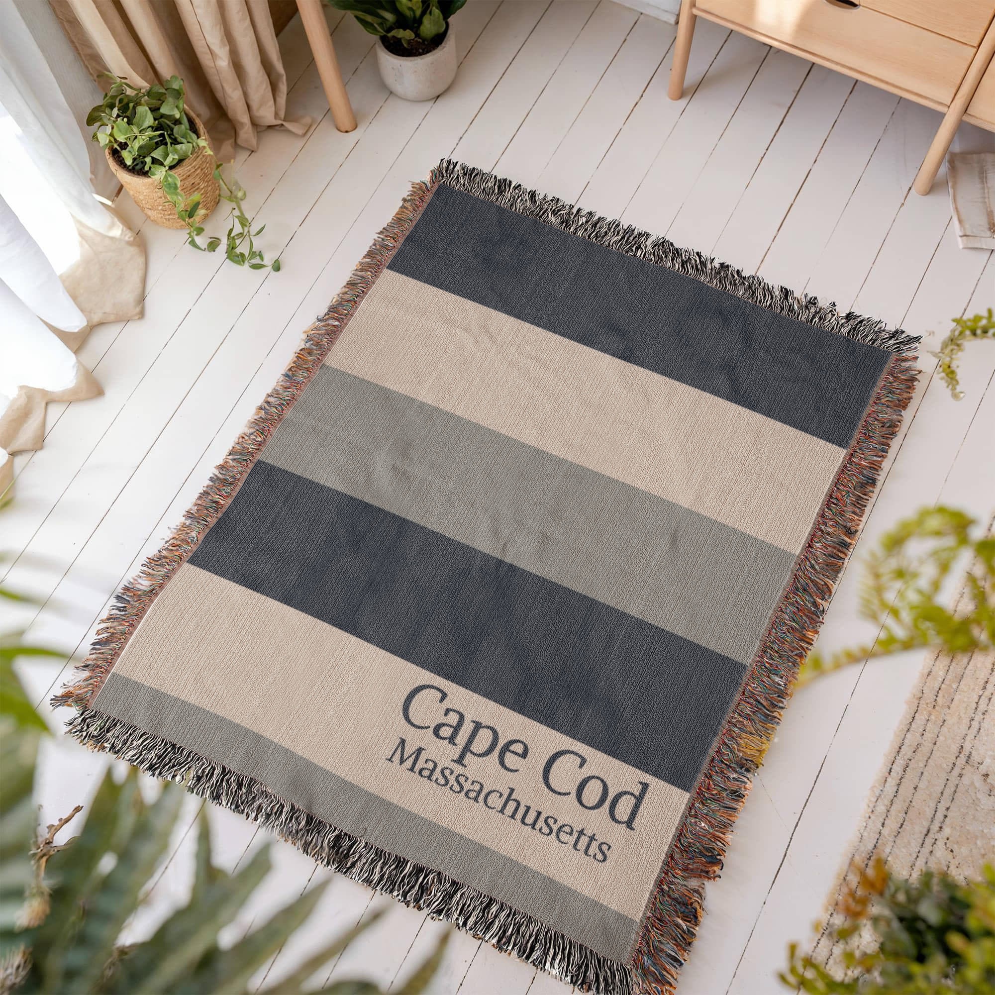 Custom City State Blanket | Cape Cod Throw | Personalized Place Cotton | Beach House Gift | Coastal Stripe Woven Blanket | Heirloom Throw
