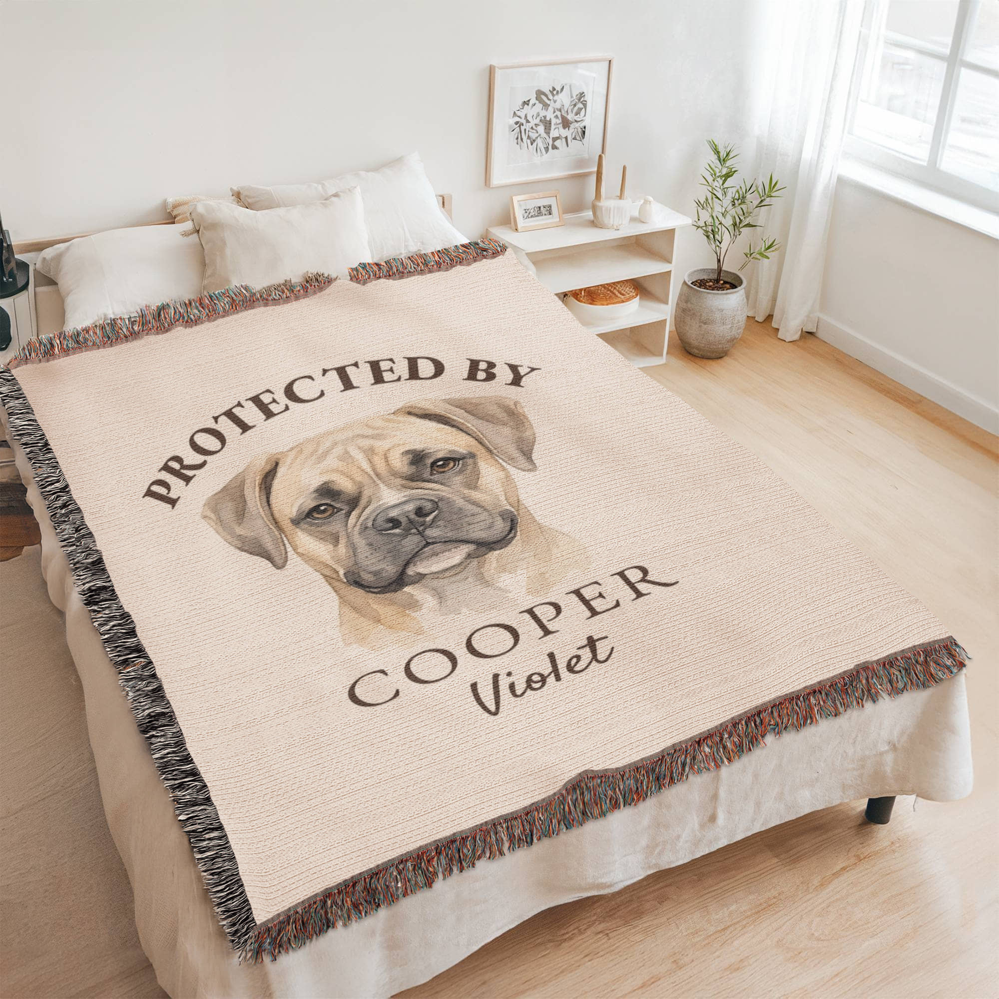 Protected By Dog Blanket | Custom Pet Baby Name Throw | Personalized Dog Breed Cotton | Nursery Guardian Gift | Heirloom Woven Fringe Blanket | New Baby Dog Gift