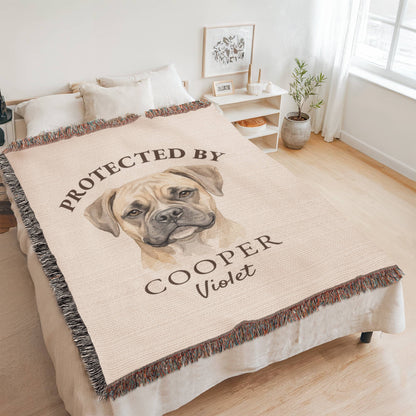 Protected By Dog Blanket | Custom Pet Baby Name Throw | Personalized Dog Breed Cotton | Nursery Guardian Gift | Heirloom Woven Fringe Blanket | New Baby Dog Gift