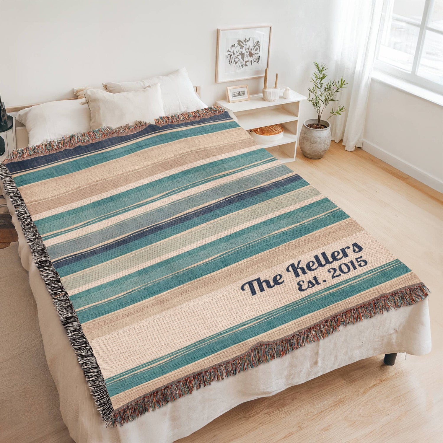 Personalized Beach House Blanket | Farmhouse Stripe Cotton Throw