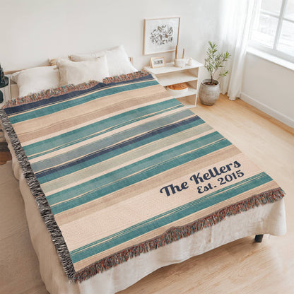 Personalized Beach House Blanket | Farmhouse Stripe Cotton Throw