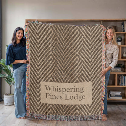Custom Lodge Name Blanket | Herringbone Throw | Personalized Cabin Cotton Gift | Heirloom Woven Blanket | Lodge Decor | Cabin Housewarming