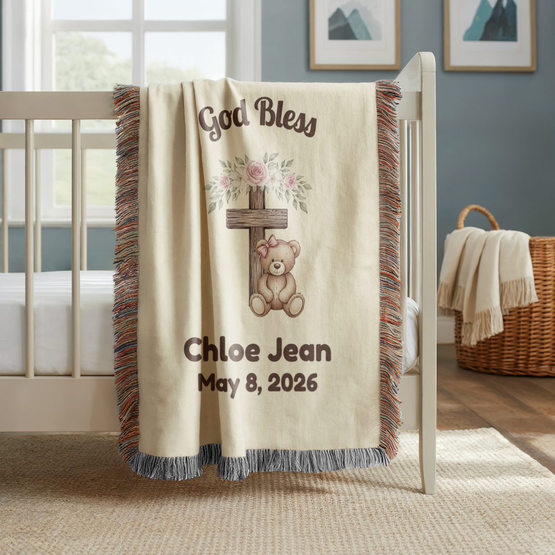 Personalized Baby Baptism Blanket | Teddy Bear Floral Cross | Custom Name &amp; Date | Heirloom 100% Cotton | Christening Gift | Baby Dedication | God Bless