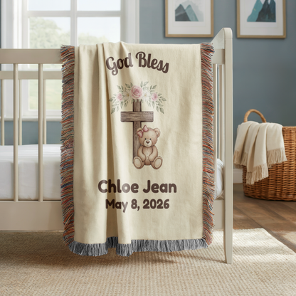 Personalized Baby Baptism Blanket | Teddy Bear Floral Cross