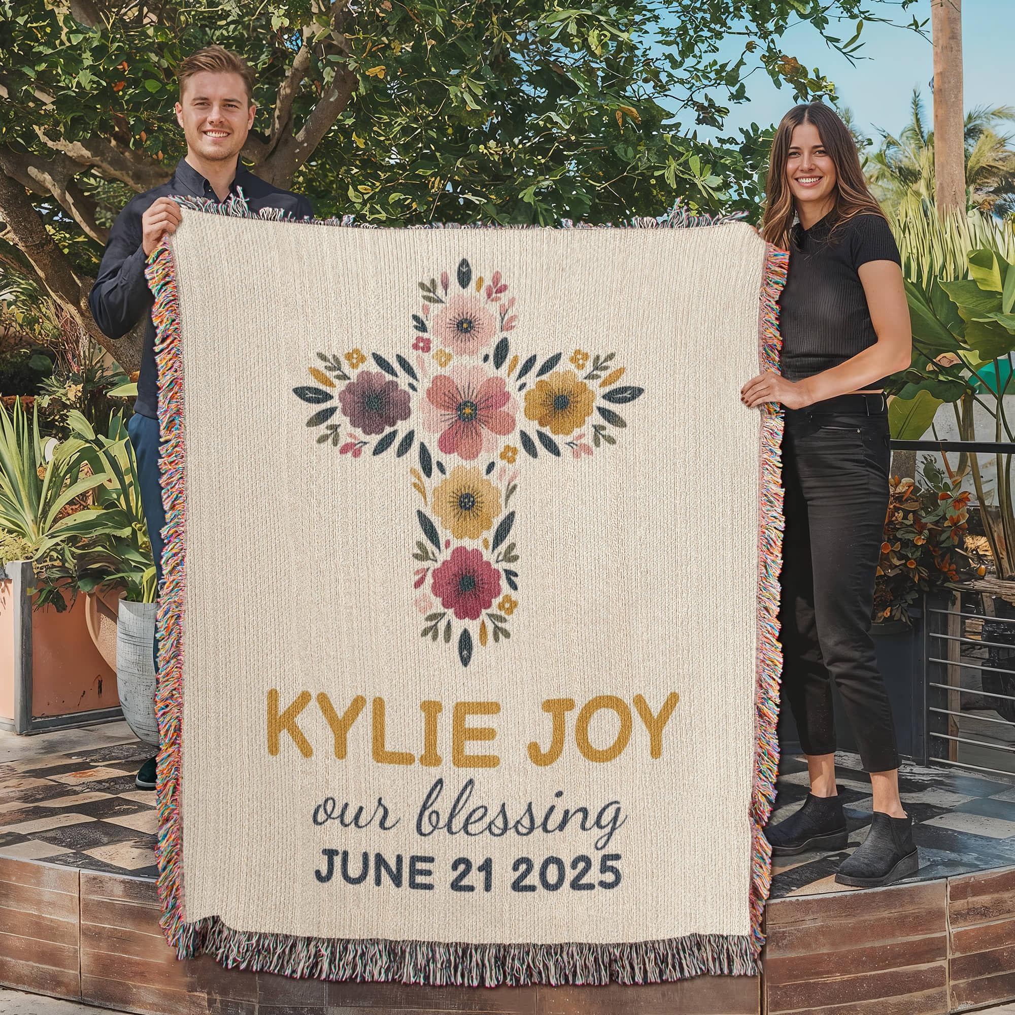 Personalized Baby Baptism Blanket | Floral Cross Christening Gift