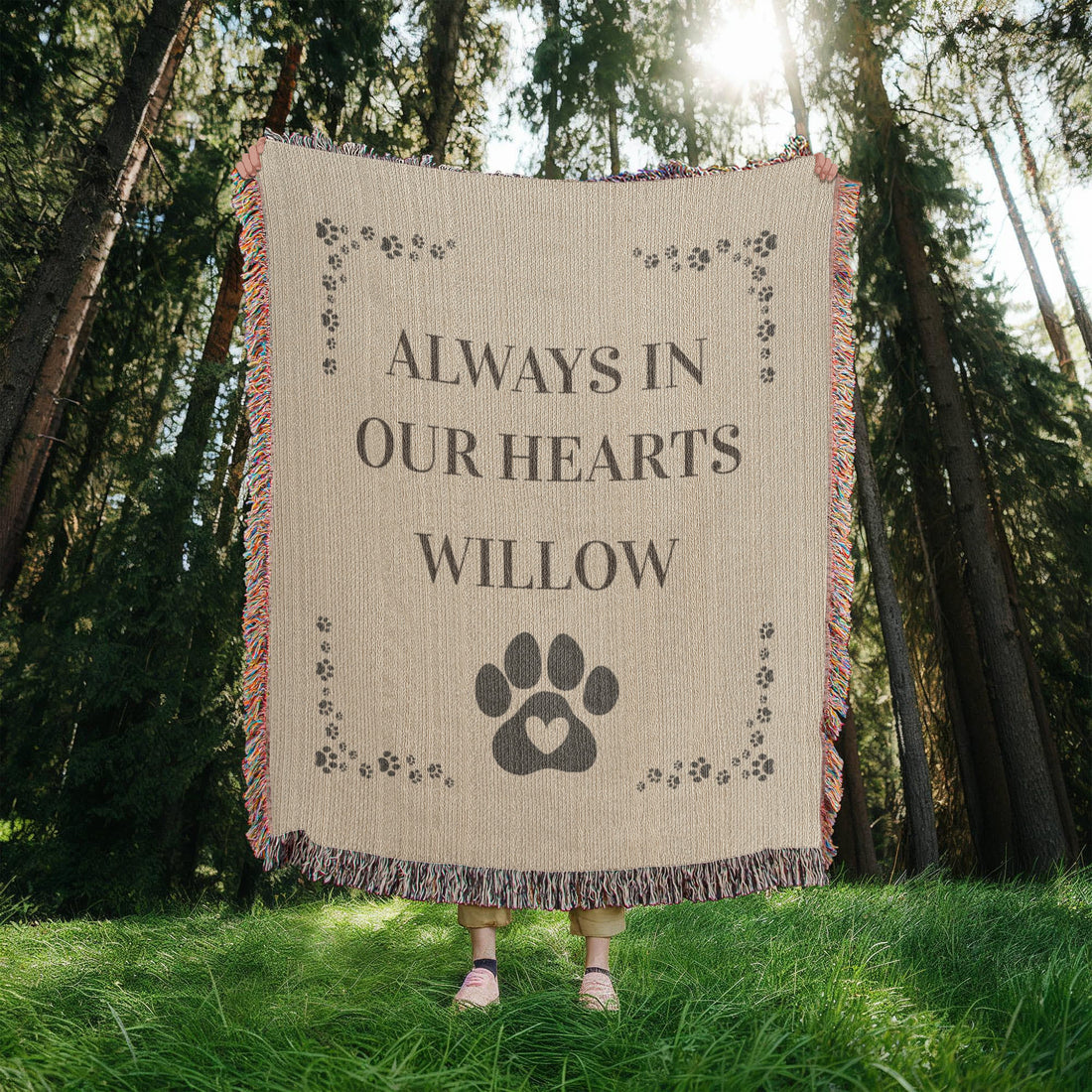 Pet Memorial Blanket | Personalized Pet Name | Paw Print Cotton Throw | Always in Our Hearts | Dog Cat Loss Keepsake