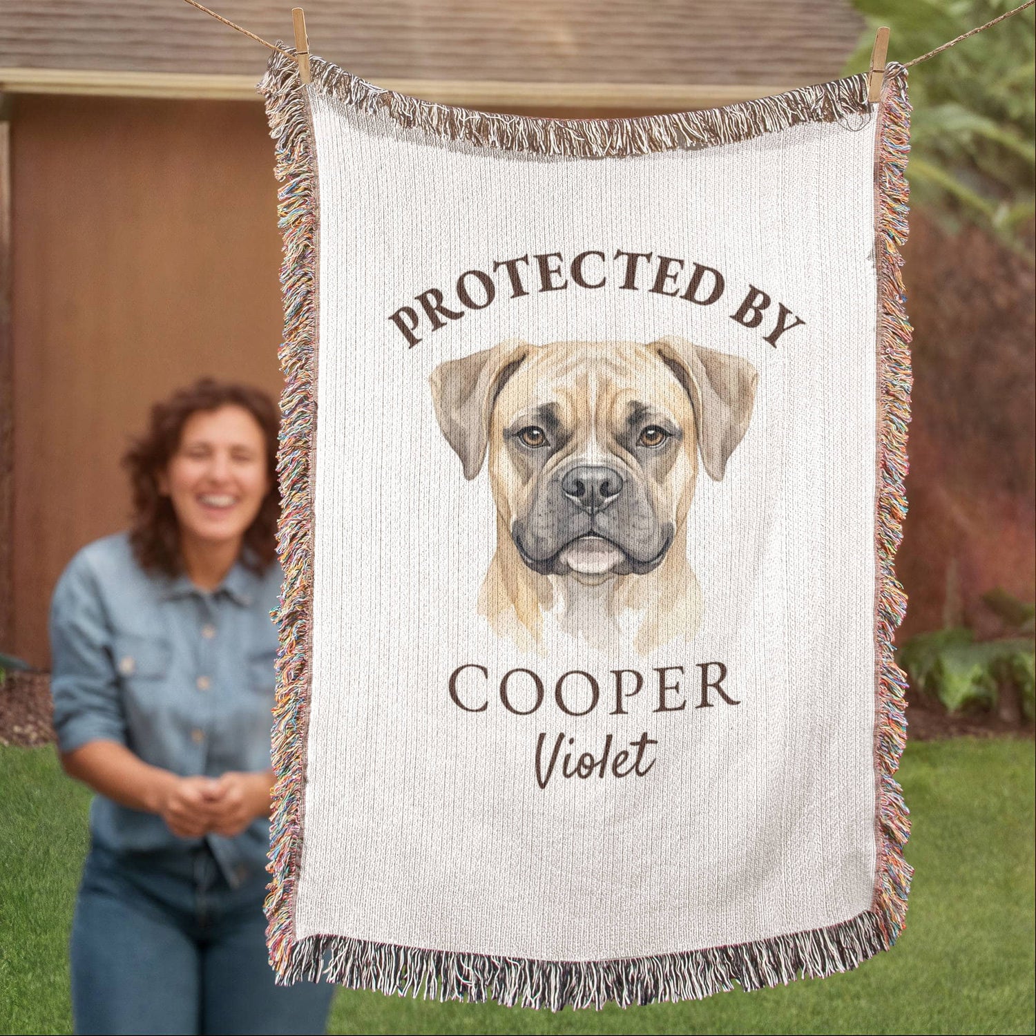 Protected By Dog Blanket | Custom Pet Baby Name Throw | Personalized Dog Breed Cotton | Nursery Guardian Gift | Heirloom Woven Fringe Blanket | New Baby Dog Gift