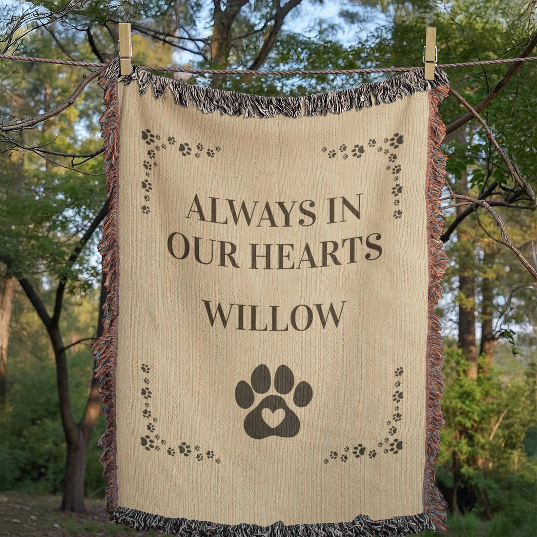 Pet Memorial Blanket | Personalized Pet Name | Paw Print Cotton Throw | Always in Our Hearts | Dog Cat Loss Keepsake