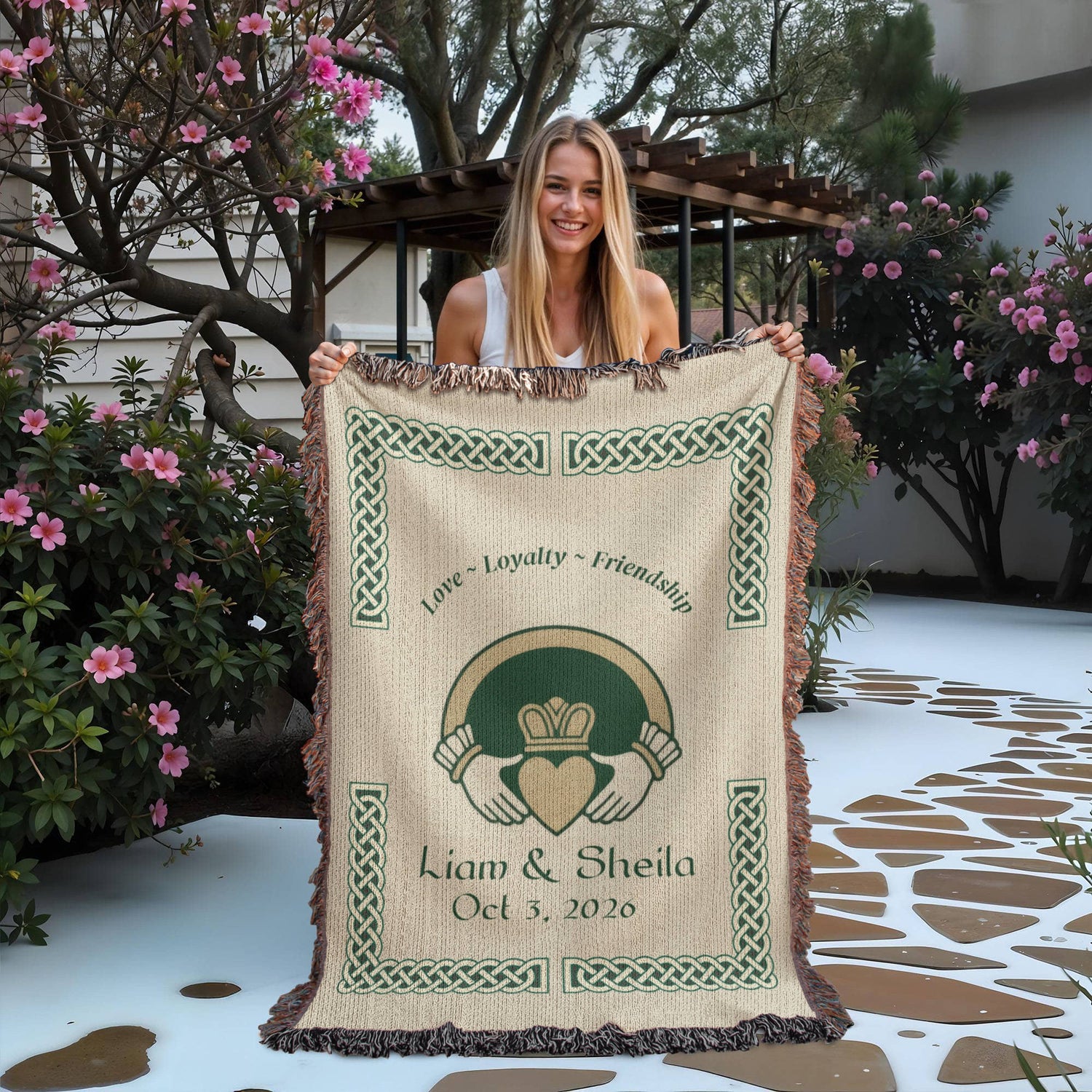 Irish Claddagh Blanket | Personalized Couple Names &amp; Date | Celtic Knot Cotton Throw | Heritage Wedding Gift | Heirloom Woven Irish Blanket
