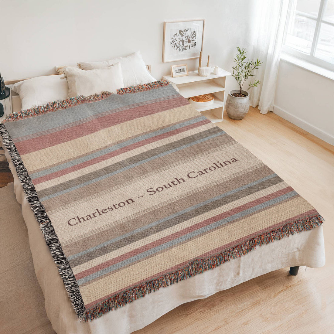 Custom City State Blanket | Personalized Location Cotton Throw | Charleston South Carolina | Heirloom Stripe Home Gift