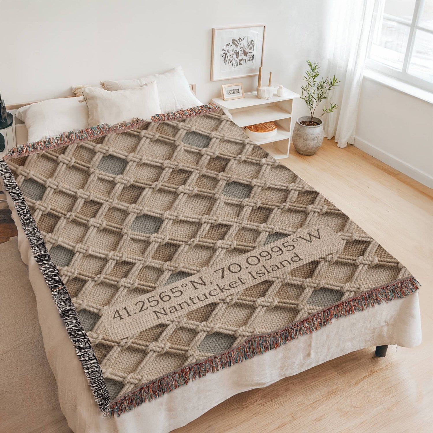 Custom Coordinates Blanket | Nantucket Island Cotton Throw | GPS Location Gift | Beach House Decor | Personalized Place Heirloom | Coastal