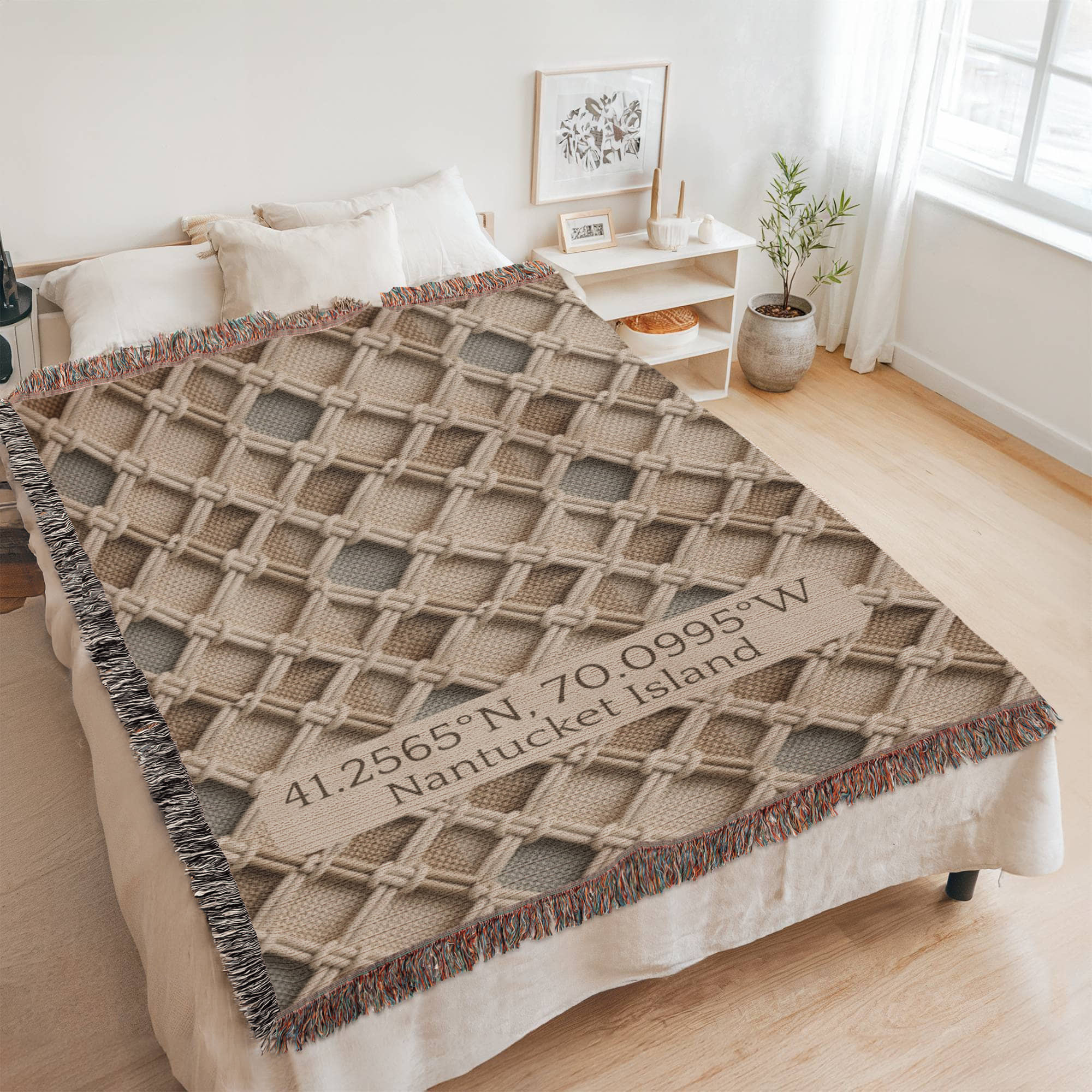 Custom Coordinates Blanket | Nantucket Island Cotton Throw | GPS Location Gift | Beach House Decor | Personalized Place Heirloom | Coastal