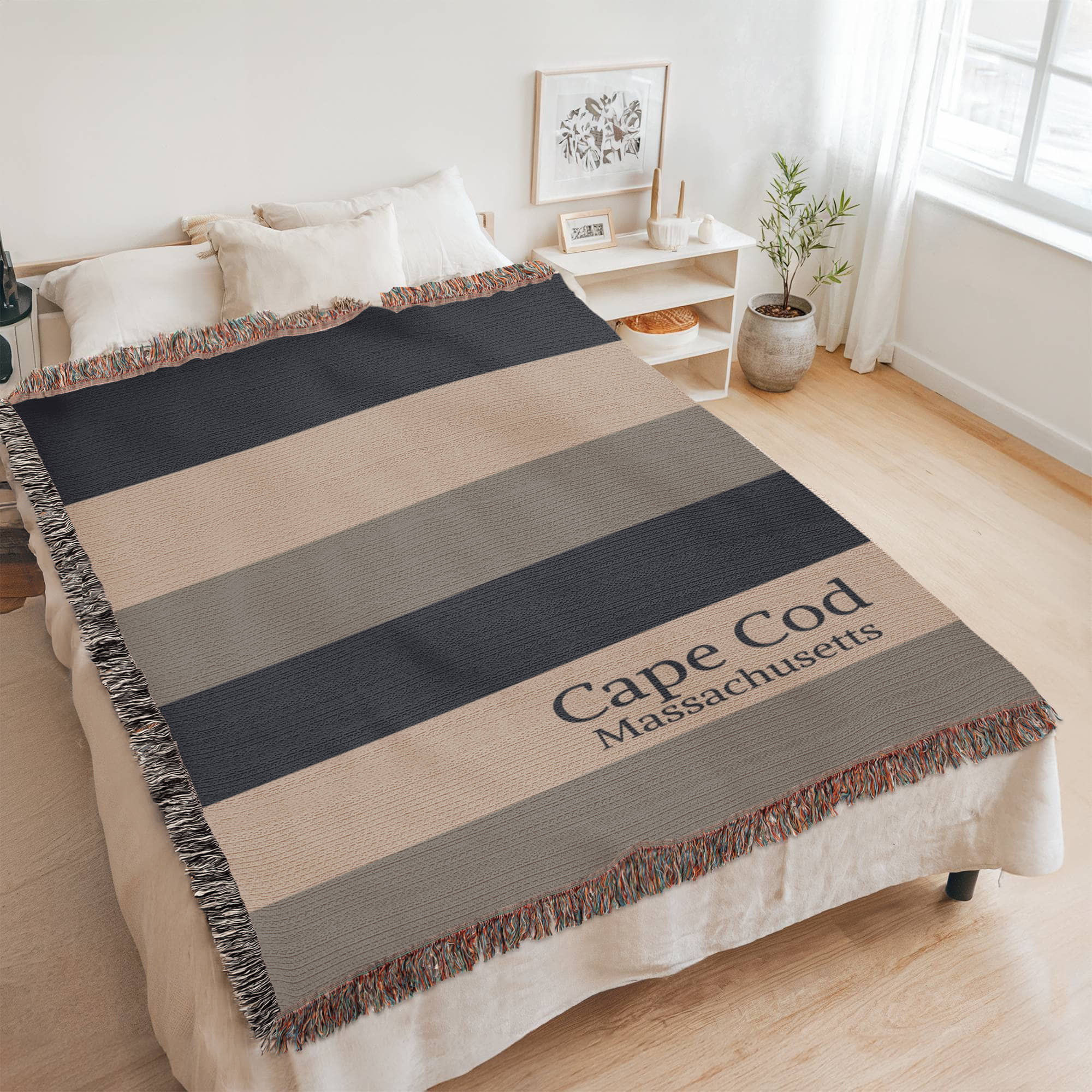 Custom City State Blanket | Cape Cod Throw | Personalized Place Cotton | Beach House Gift | Coastal Stripe Woven Blanket | Heirloom Throw