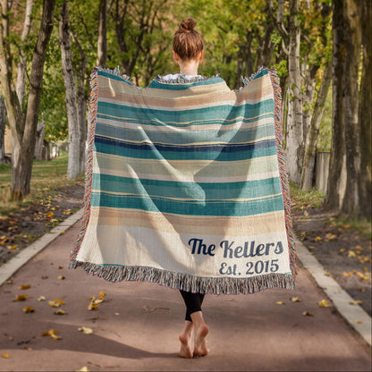 Personalized Beach House Blanket | Farmhouse Stripe Cotton Throw
