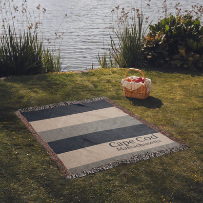 Custom City State Blanket | Cape Cod Throw | Personalized Place Cotton | Beach House Gift | Coastal Stripe Woven Blanket | Heirloom Throw