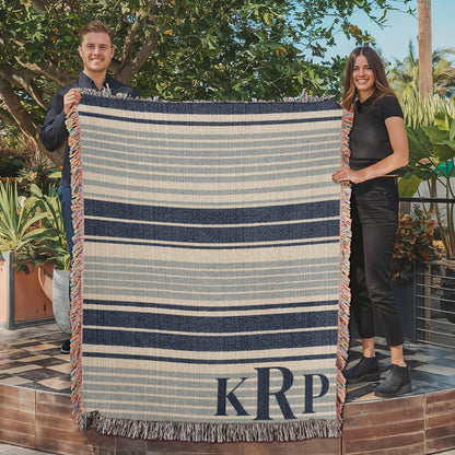 Monogram Beach House Blanket Gift | Custom Initials Coastal Throw | Navy Stripe Cotton | Personalized Blanket| Wedding Housewarming Gift