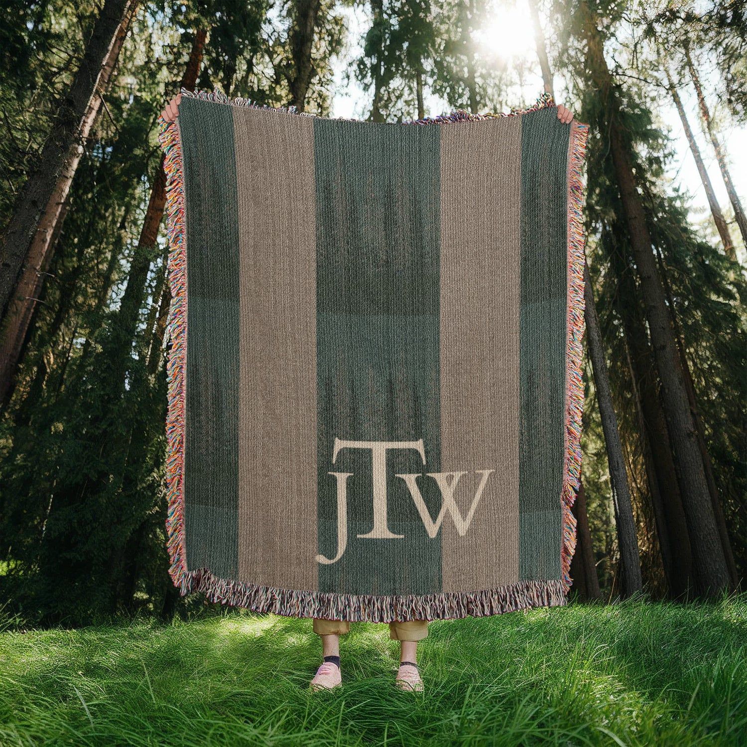 Monogram Lodge Blanket | Custom Initials Plaid Throw | Rustic Cabin Cotton Gift | Personalized Tartan Heirloom | Fringe Woven Blanket | Hunting Cabin Decor