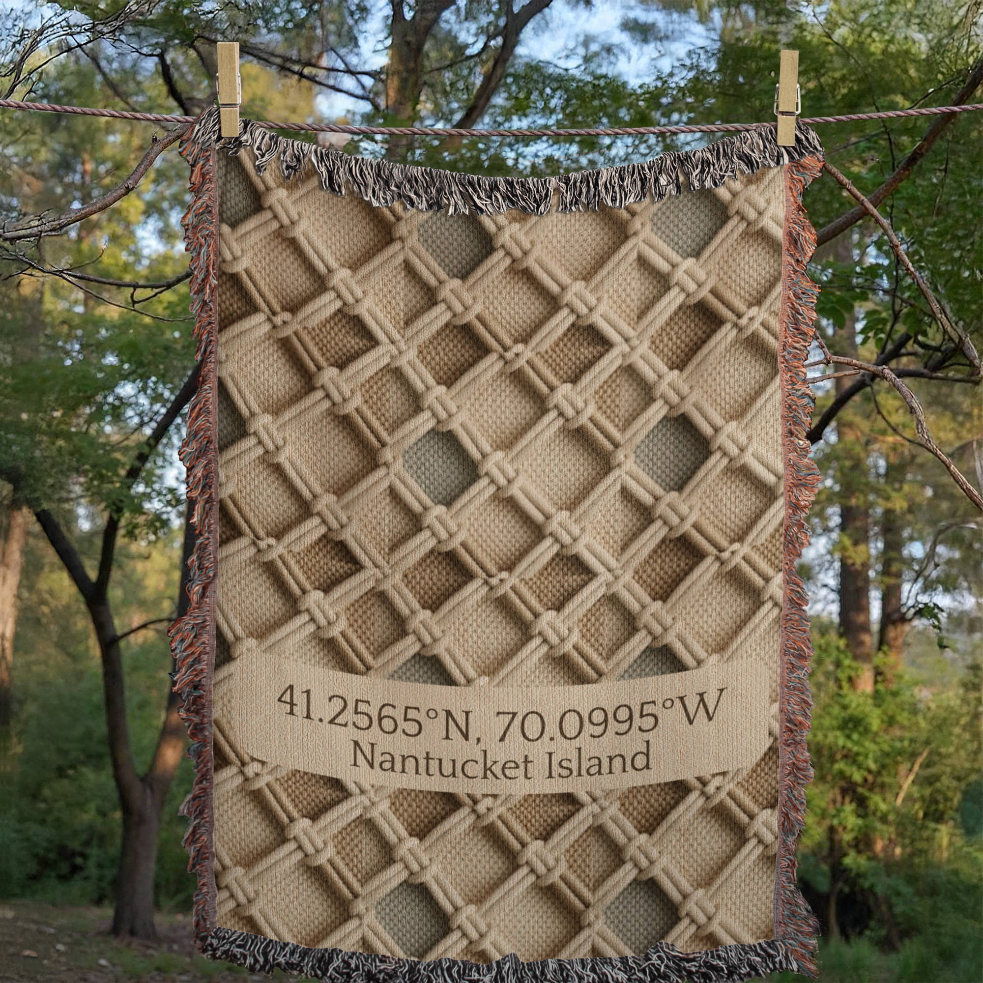 Custom Coordinates Blanket | Nantucket Island Cotton Throw | GPS Location Gift | Beach House Decor | Personalized Place Heirloom | Coastal