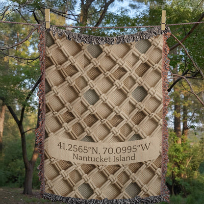 Custom Coordinates Blanket | Nantucket Island Cotton Throw | GPS Location Gift | Beach House Decor | Personalized Place Heirloom | Coastal