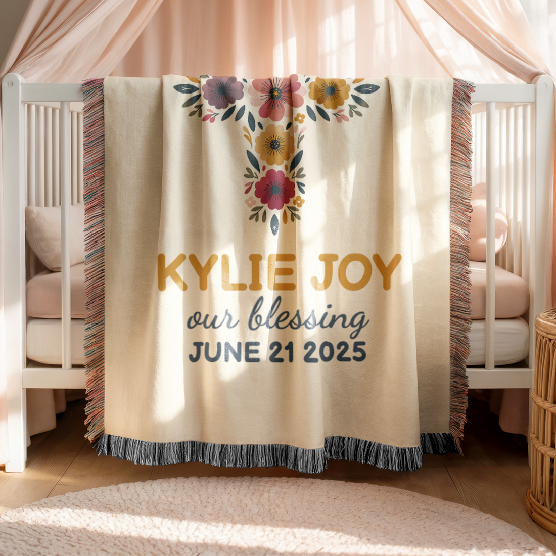 Personalized Baby Baptism Blanket | Floral Cross | Christening Gift | Heirloom Cotton | Custom Name &amp; Date | Baby Dedication Gift