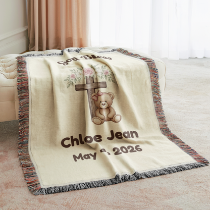 Personalized Baby Baptism Blanket | Teddy Bear Floral Cross